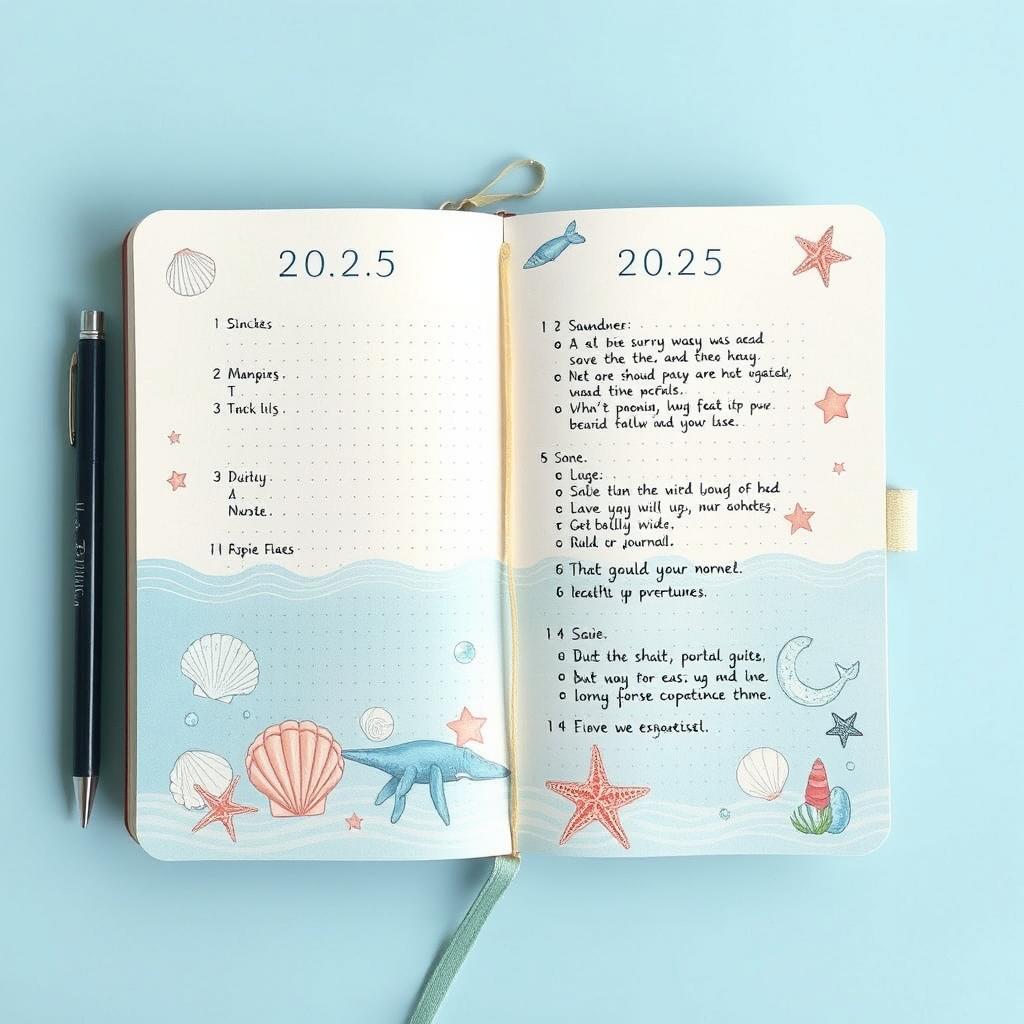 A realistic image of a marine themed bullet journal for the year 2025