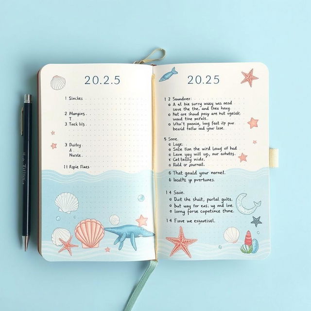 A realistic image of a marine themed bullet journal for the year 2025