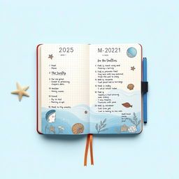 A realistic image of a marine themed bullet journal for the year 2025