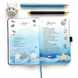 A realistic image of a marine themed bullet journal for the year 2025