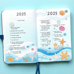 A realistic image of a marine themed bullet journal for the year 2025