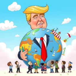 A playful cartoon-style illustration of Donald Trump looking at a colorful, exaggerated globe