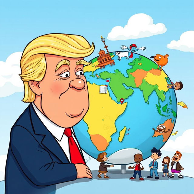 A playful cartoon-style illustration of Donald Trump looking at a colorful, exaggerated globe