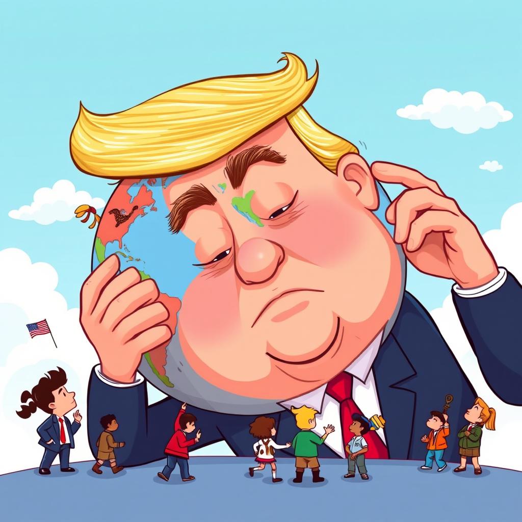 A playful cartoon-style illustration of Donald Trump looking at a colorful, exaggerated globe