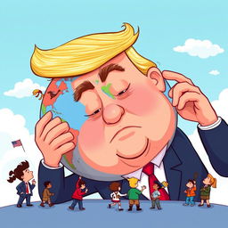 A playful cartoon-style illustration of Donald Trump looking at a colorful, exaggerated globe