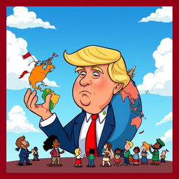 A playful cartoon-style illustration of Donald Trump looking at a colorful, exaggerated globe