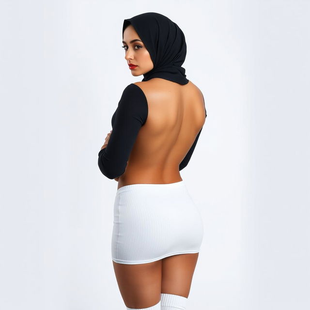 A modern and seductive 40-year-old Arab woman wearing a hijab, full back view, highlighting her striking outfit with knee-high white socks and an undershirt