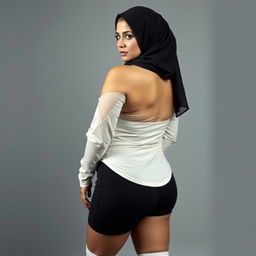 A modern and seductive 40-year-old Arab woman wearing a hijab, full back view, highlighting her striking outfit with knee-high white socks and an undershirt