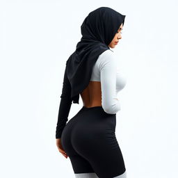 A modern and seductive 40-year-old Arab woman wearing a hijab, full back view, highlighting her striking outfit with knee-high white socks and an undershirt