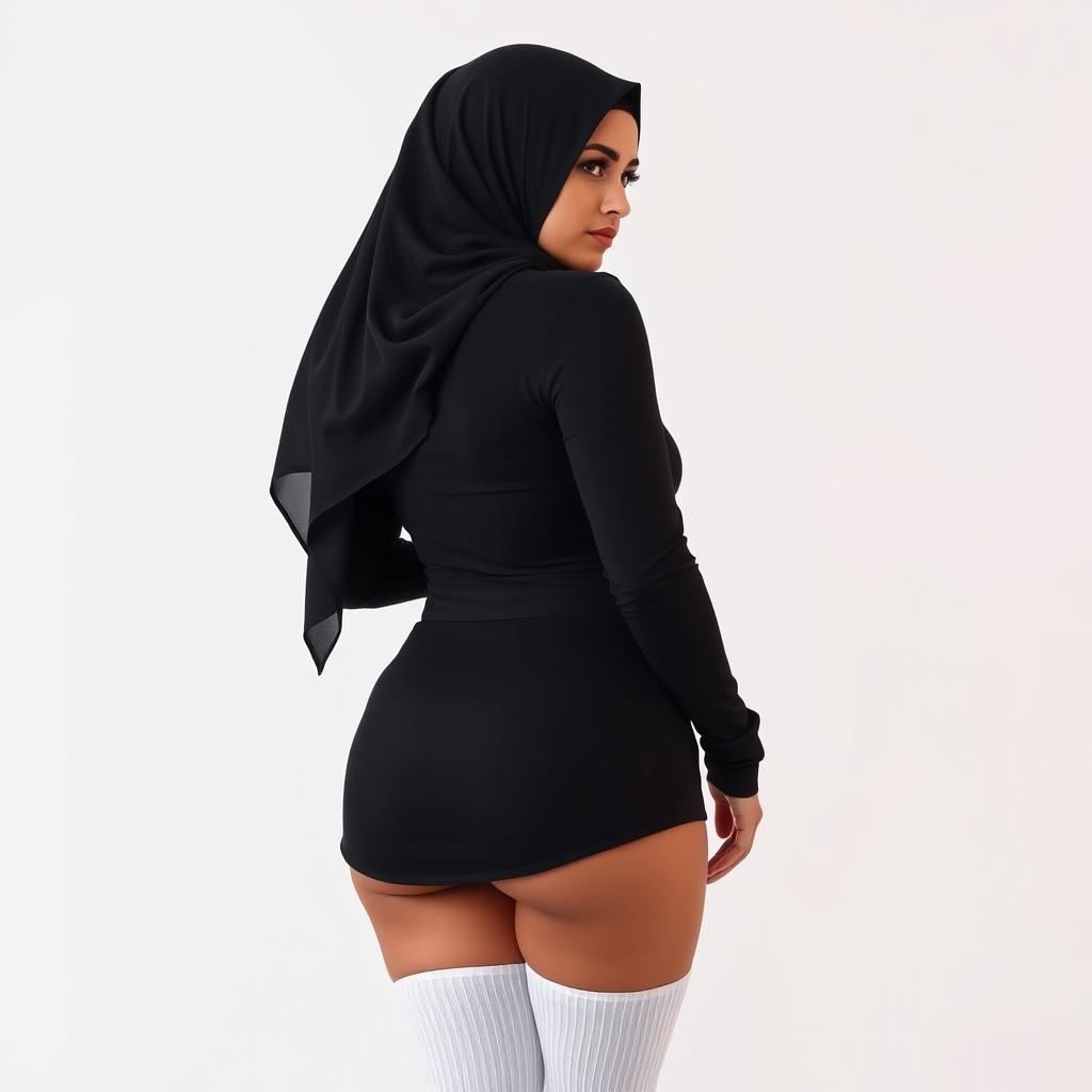 A modern and seductive 40-year-old Arab woman wearing a hijab, full back view, highlighting her striking outfit with knee-high white socks and an undershirt