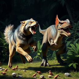 A dramatic scene depicting a fierce wolf attacking a dinosaur in the wild