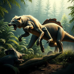 A dramatic scene depicting a fierce wolf attacking a dinosaur in the wild