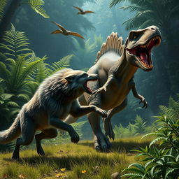 A dramatic scene depicting a fierce wolf attacking a dinosaur in the wild