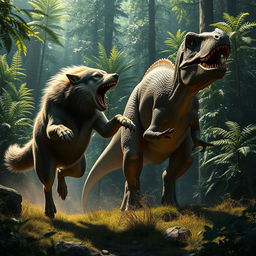 A dramatic scene depicting a fierce wolf attacking a dinosaur in the wild