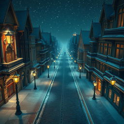A high-resolution aerial view of a whimsical Victorian city at night, blanketed in snow