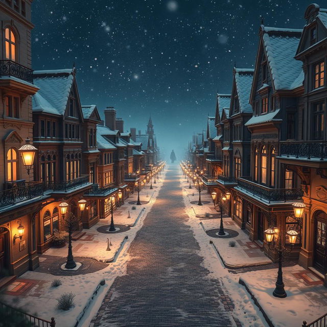 A high-resolution aerial view of a whimsical Victorian city at night, blanketed in snow