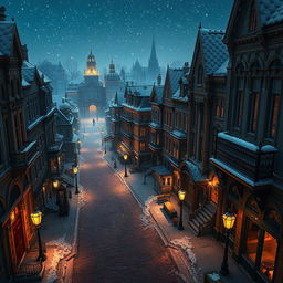 A high-resolution aerial view of a whimsical Victorian city at night, blanketed in snow