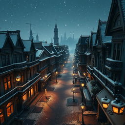 A high-resolution aerial view of a whimsical Victorian city at night, blanketed in snow