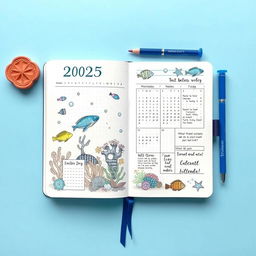 A realistic marine-themed bullet journal for the year 2025, featuring a beautiful blue color scheme