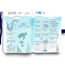 A realistic marine-themed bullet journal for the year 2025, featuring a beautiful blue color scheme