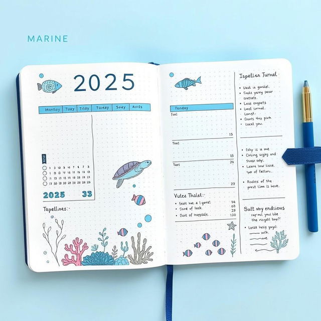 A realistic marine-themed bullet journal for the year 2025, featuring a beautiful blue color scheme