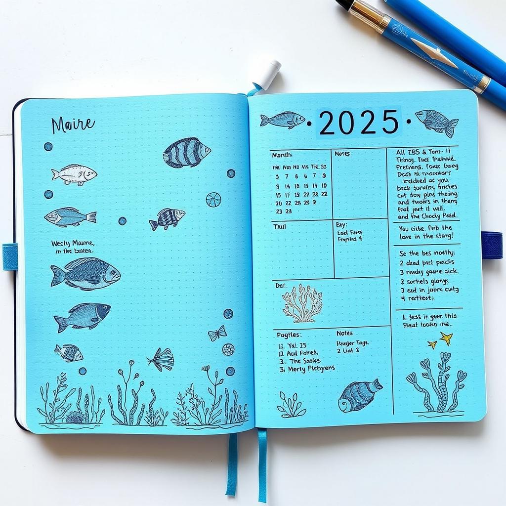 A realistic marine-themed bullet journal for the year 2025, featuring a beautiful blue color scheme