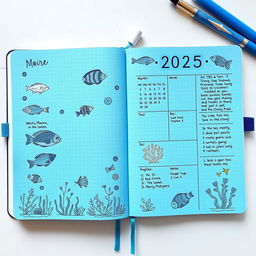 A realistic marine-themed bullet journal for the year 2025, featuring a beautiful blue color scheme