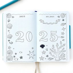 A realistic image of a marine-themed bullet journal for the year 2025, featuring a soothing blue color scheme