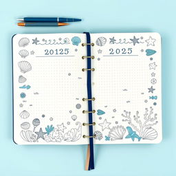 A realistic image of a marine-themed bullet journal for the year 2025, featuring a soothing blue color scheme