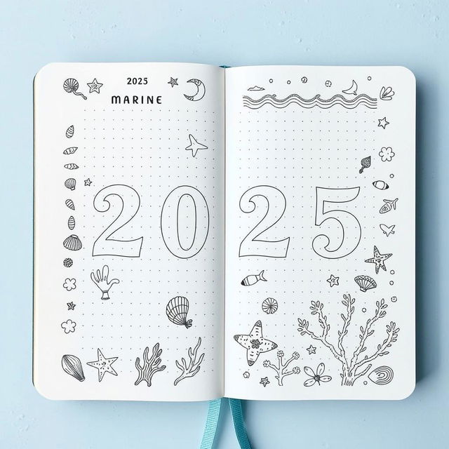 A realistic image of a marine-themed bullet journal for the year 2025, featuring a soothing blue color scheme