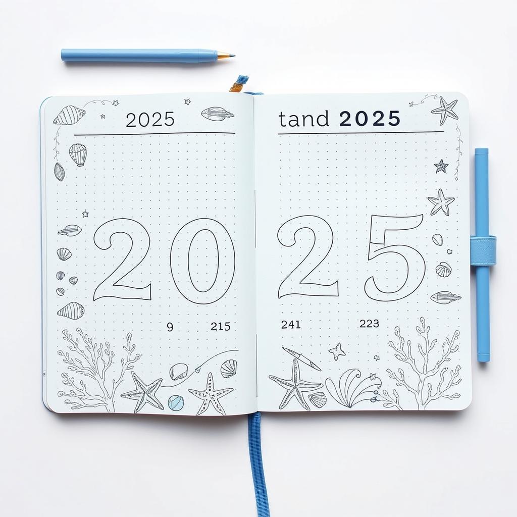 A realistic image of a marine-themed bullet journal for the year 2025, featuring a soothing blue color scheme