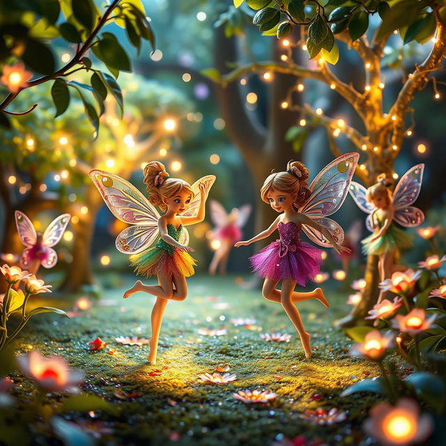 A whimsical fantasy scene featuring playful fairies in colorful outfits, fluttering around a sparkling magical forest