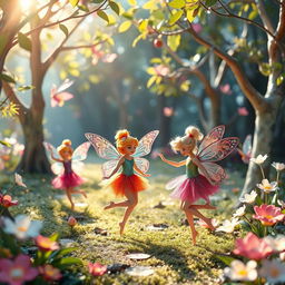 A whimsical fantasy scene featuring playful fairies in colorful outfits, fluttering around a sparkling magical forest