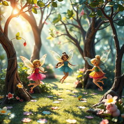 A whimsical fantasy scene featuring playful fairies in colorful outfits, fluttering around a sparkling magical forest