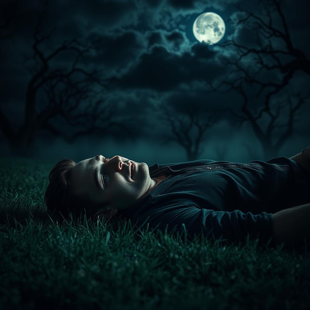 A man lying on the grass at night, surrounded by a spooky atmosphere