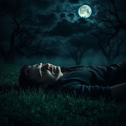 A man lying on the grass at night, surrounded by a spooky atmosphere