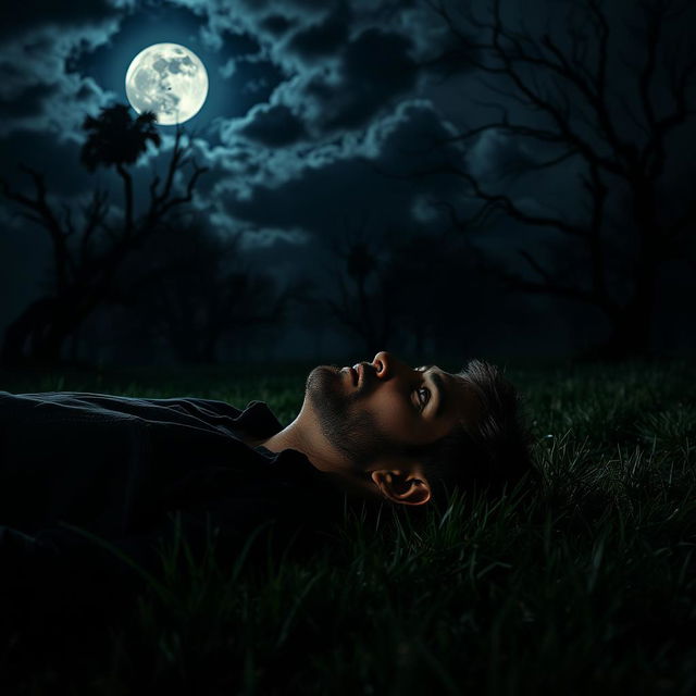 A man lying on the grass at night, surrounded by a spooky atmosphere