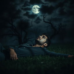 A man lying on the grass at night, surrounded by a spooky atmosphere