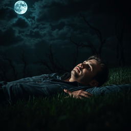 A man lying on the grass at night, surrounded by a spooky atmosphere