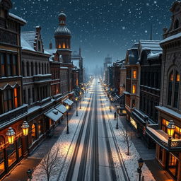 A whimsical Victorian city at night, viewed from an aerial perspective
