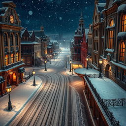 A whimsical Victorian city at night, viewed from an aerial perspective