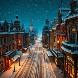 A whimsical Victorian city at night, viewed from an aerial perspective