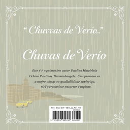 A minimalist back cover design complementing the front cover of "Chuvas de Verão", featuring a continuation of the 1960s coastal city illustration style