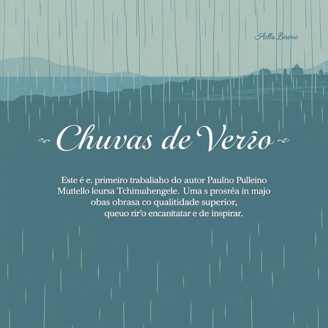 A minimalist back cover design complementing the front cover of "Chuvas de Verão", featuring a continuation of the 1960s coastal city illustration style