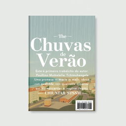 A minimalist back cover design complementing the front cover of "Chuvas de Verão", featuring a continuation of the 1960s coastal city illustration style