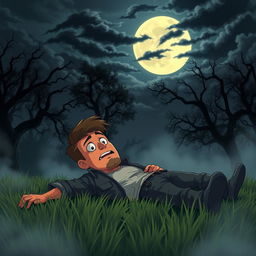 An animated scene featuring a scared man lying on the grass at night in a spooky environment