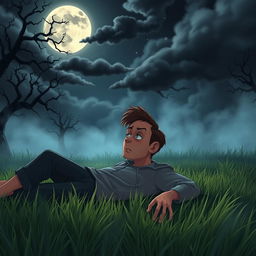 An animated scene featuring a scared man lying on the grass at night in a spooky environment