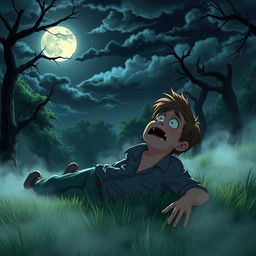 An animated scene featuring a scared man lying on the grass at night in a spooky environment