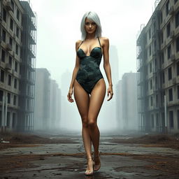 A 22-year-old thin girl with round silicone breasts, featuring striking white hair