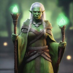 A high-quality digital art image featuring a female Orc wizard with light green skin and Scandinavian features